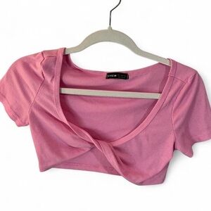 SHEIN Pink Ribbed Twist-Front Short Sleeve Crop Top